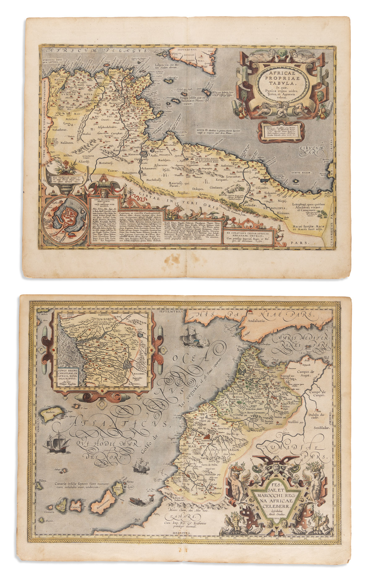(AFRICA.) Abraham Ortelius. Two double-page engraved maps of northern Africa in original hand-color.